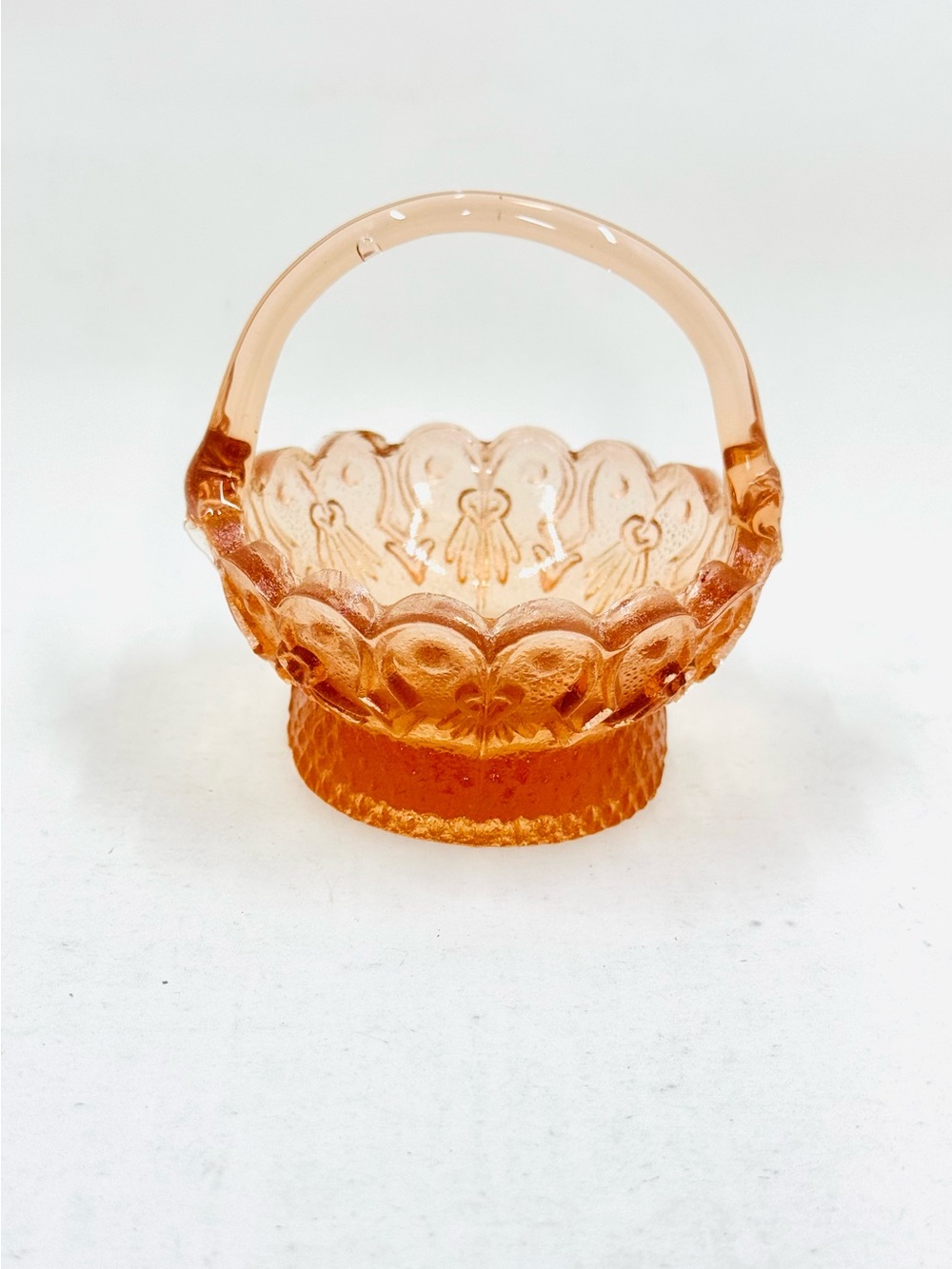 Vintage Peach Depression Glass 3” Trinket Basket Dish W/ Handle & Scalloped Edge